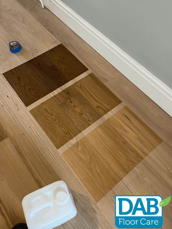 Wood floor stain samples displayed neatly
