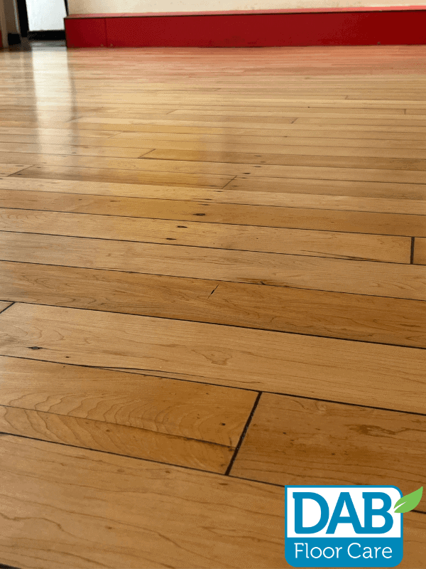 Polished wooden floor in school hall.