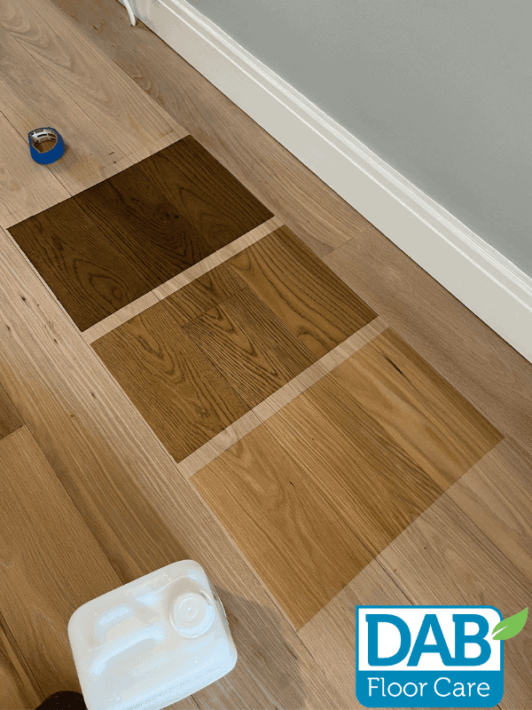 Wood floor stain samples on oak floor restoration