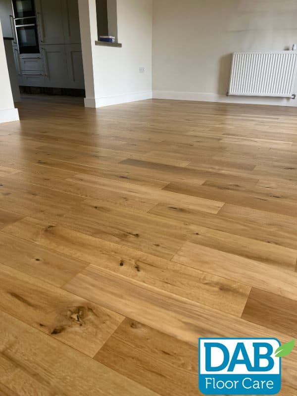Finished oak floor with satin lacquer in open-plan Huddersfield home