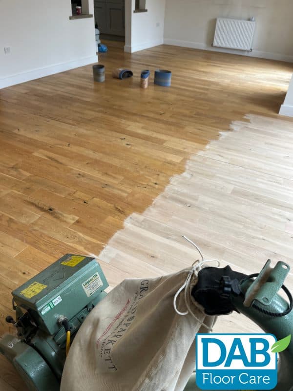 Lagler Hummel belt sander removing old orange finish from oak floor, Huddersfield