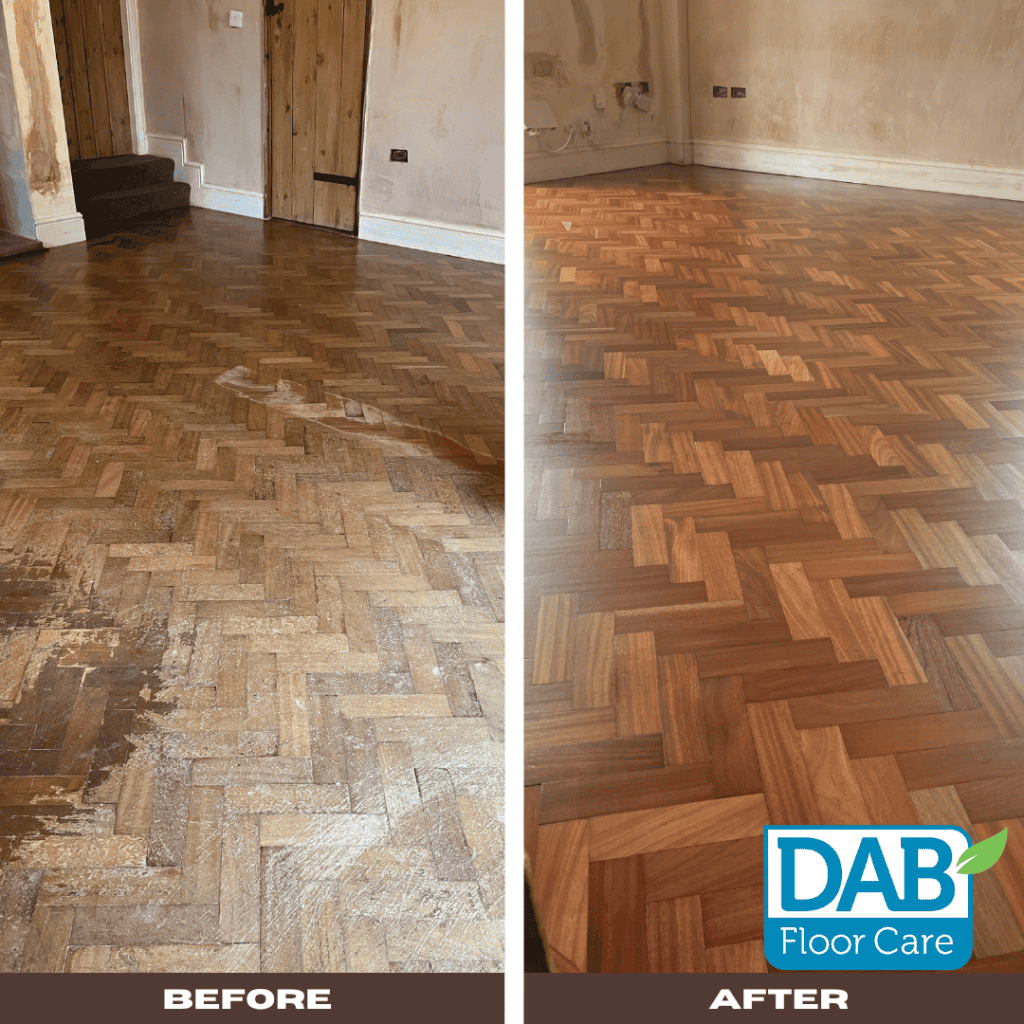 Parquet floor restoration before and after image